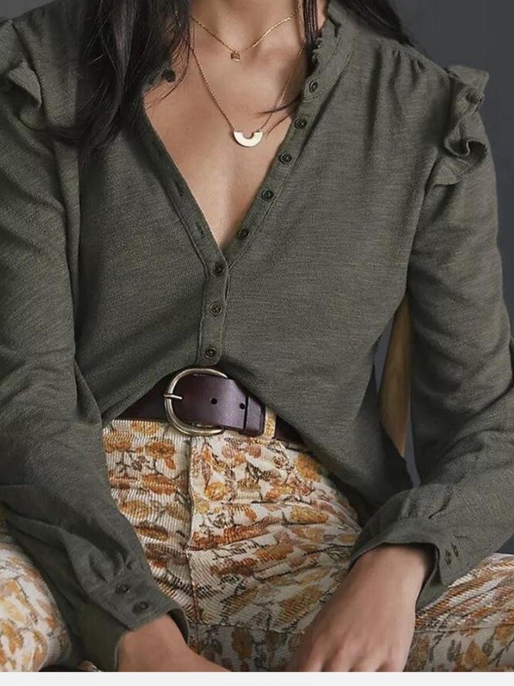 Anthropologie Pilcro Green long sleeve ruffle top